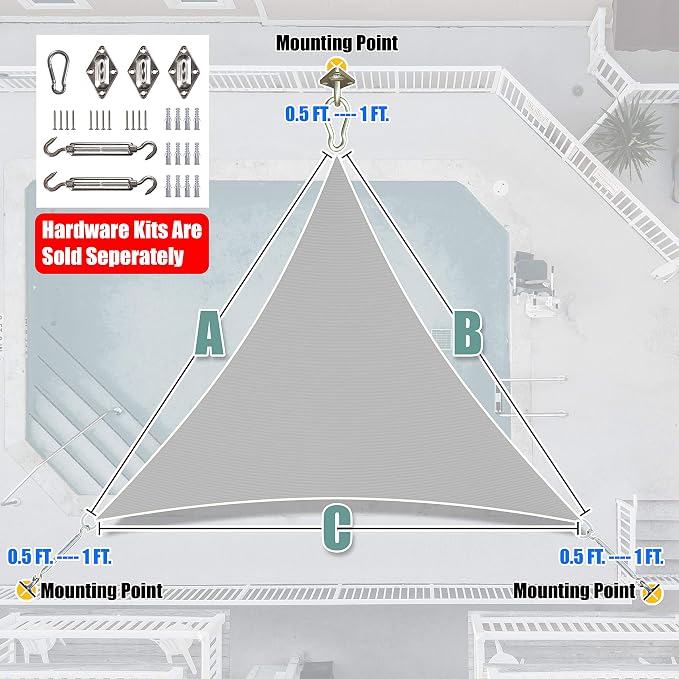 Amgo Custom Size 26' x 26' x 26' Gray Triangle Sun Shade Sail UPF50+ AGTAPT10 - Image 6