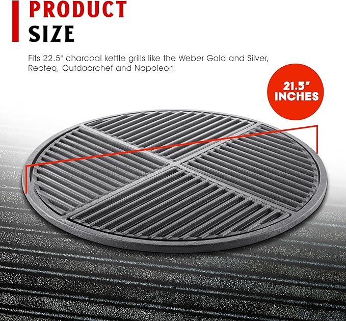 Pre-Seasoned Modular Cast Iron Grate, Fits 22.5" Kettle Grills Like Weber and SnS Grills Heavy-Duty 19 lb Grate for Superior Heat Retention & Versatile Cooking