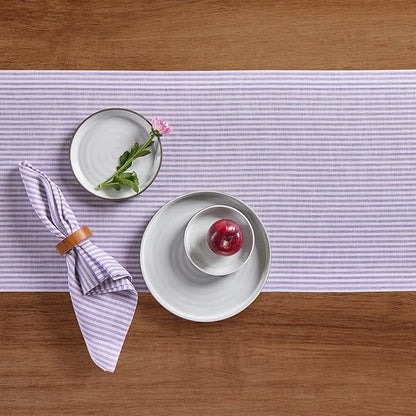 Solino Home Linen Table Runner 72 Inches Long - Narrow Stripe, 100% Pure Linen Lavender and White Table Runner 14 x 72 Inch for Dining, Dresser, Valentines, Spring, Easter