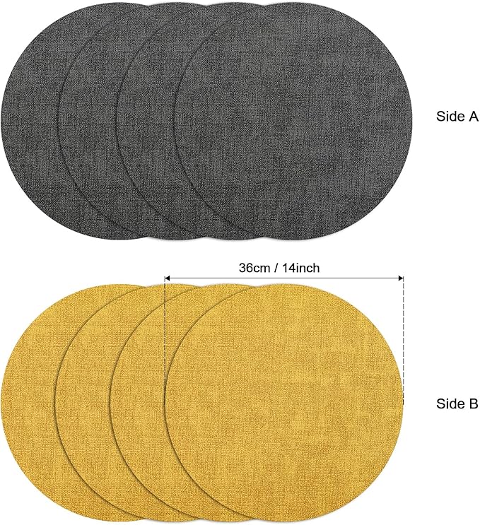 Myir JUN Round Placemats Dual Sided, Faux Leather Place Mats Set of 4 Indoor Placemats for Dining Table Outdoor Placemats Non-Slip Washable Table Mats (Set of 8, Gray Yellow)