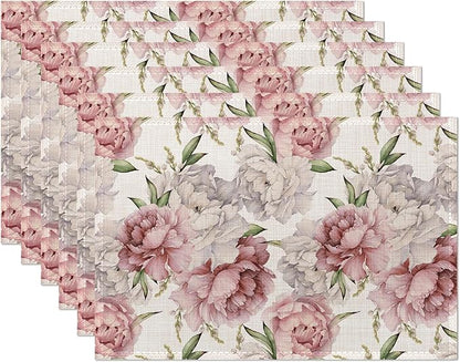 Placemats,Pink White Peony Flower Placemats 12x18 Inch Waterproof Non-Slip Washable Table Mats for Kitchen Dining Party Table Decor,Set of 6
