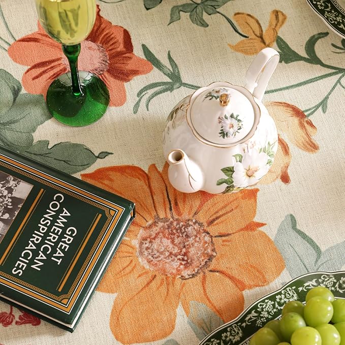 French Tablecloth for Rectangle Table,Linen Orange Floral Wrinkle Resistant Tablecloths,Decorative Table Cover for Kitchen,Dining,Tea Party,Thanksgiving,Christmas,63"*87"-Milch