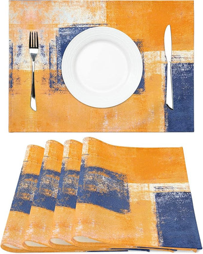 Modern Art Placemats Set of 4 Yellow Abstract Painting Place Mats Washable Linen Blue Placemat for Kitchen Dining Table Home Dinner Party Decor 18x12 Inches