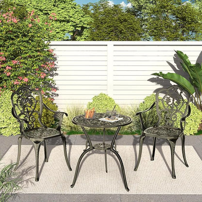 Patio Bistro Set of 2, Cast Aluminum, Outdoor Set w/Umbrella Hole, 3 Piece Table and Chairs Set, Bistro Set for Backyard/Garden/Lawn, Golden Bronze