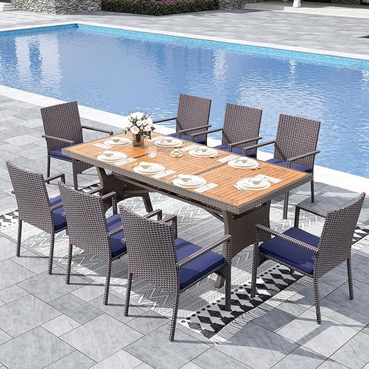 Sophia & William 9 Piece Patio Dining Set, Patio Table and Chairs Set Outdoor Dining Set for 8, Acacia Wood Patio Dining Table Set with PE Rattan Wicker Chairs for Garden, Porch, Backyard