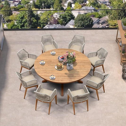 PURPLE LEAF 9 Pieces Patio Round Dining Set Aluminum Round Table and Rattan Arm Chairs with Cushions for Kitchen Porch Garden Modern Outdoor Furniture Sets