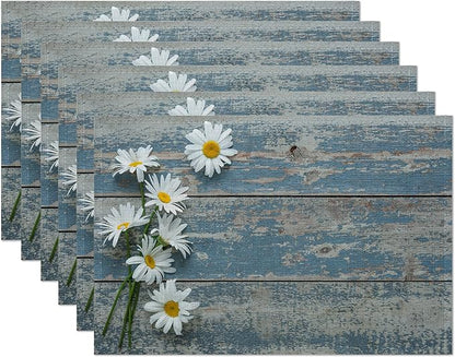 Vintage Blue Wood Panel Placemats Set of 6,White Daisy Table Mats Non-Slip Heat Resistant Washable Placemat for Party Kitchen Dining Table Decoration Indoor Outdoor