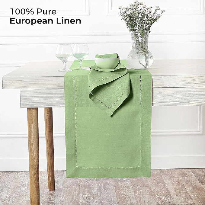 D'Moksha Homes Linen Sage Green Table Runner 144 Inches Long - 100% Pure Linen Extra Long Table Runner 14 x 144 Inch for Spring, St Patricks Day, Easter - Classic Hemstitch