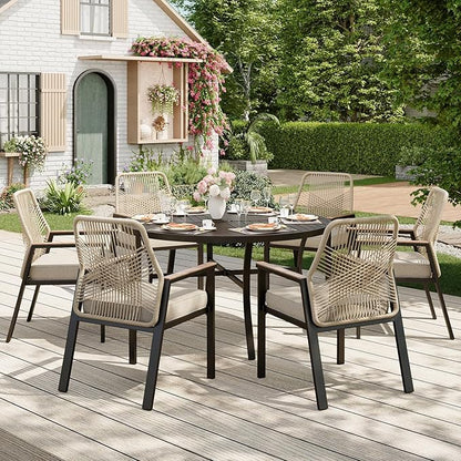 7 Pieces Round Outdoor Dining Set for 6, Patio Dining Set Wicker Rattan Chairs with Soft Cushion and 54" Round Table with Umbrella Hole, Round Patio Table and Chairs for Backyard Porch