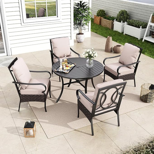 MFSTUDIO 5 Piece Outdoor Dining Set, 42'' Outdoor Round Table and Chairs, Heavy Duty Patio Dining Furniture Metal Table Set for 4 with Cushioned Chairs, Porch, Backyard