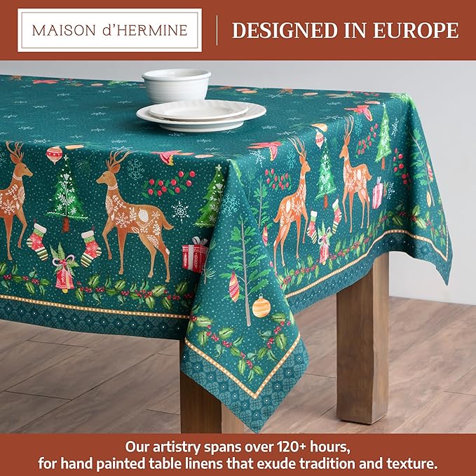 Maison d' Hermine Table Cloth Rectangle Table 100% Cotton 60 x 108 Inches Fall Tablecloth Reusable Everyday Use for Thanksgiving Christmas Decorations Dining Farmhouse Party (Hygge Christmas)
