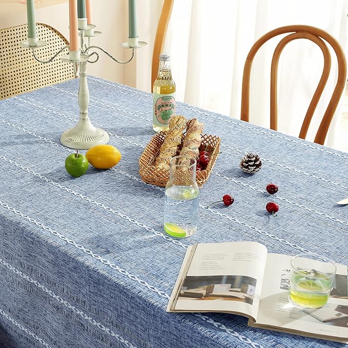 Chassic 60 x 84 inches Farmhouse Style Linen tablecloths, Wrinkle Resistant Washable Dining Room Table Cloths for Rectangle Tables - Hemstitch Blue