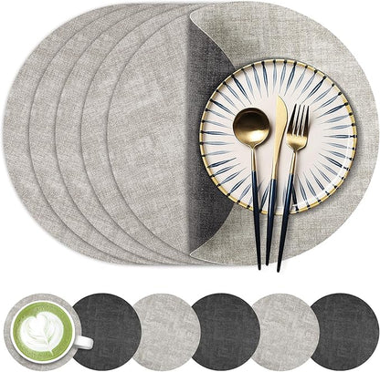 13-Inch Faux Leather Round Placemats Set of 6, Waterproof Anti-Slip Dual Sided Place mats, Heat Resistant Washable Table Mats with Coaster, Suitable for Indoor & Outdoor (6, Black Light Gray)