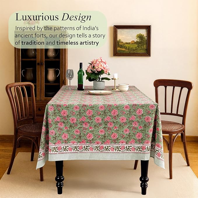 CPC Tablecloth 100% Cotton 70x118 Inch Indian Block Print Rectangle Table Cover, Table Cloth for Weddings, Spring/Summer, Barbeque - Pink Tourmaline