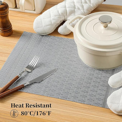 Leetaltree Lunar Grey Placemats Set of 8 - Heat Resistant Non-Slip Place mats for Dining Table, Washable Durable PVC Vinyl Woven Table Mats（Lunar Grey, 8）