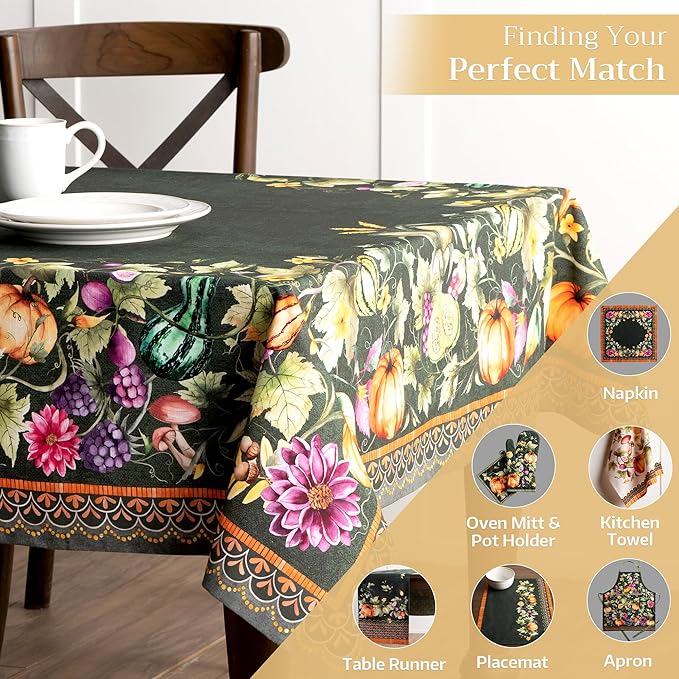 Maison d' Hermine Table Cloth Rectangle Table 100% Cotton 60 x 120 Inches Fall Tablecloth Reusable Everyday Use for Thanksgiving Christmas Decorations Dining Farmhouse (Pumpkin Garden - Dark Green)