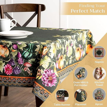 Maison d' Hermine Table Cloth Rectangle Table 100% Cotton 60 x 90 Inches Fall Tablecloth Reusable Everyday Use for Thanksgiving Christmas Decorations Dining Farmhouse (Pumpkin Garden - Dark Green)
