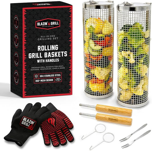 BLAZIN' GRILL Rolling Grill Basket with Removable Handle | 2 x Grilling Basket & Smoker Accessories | Grill Baskets for Outdoor Grill with BBQ Gloves | Barbecue Grill Baskets for Vegetables, Seafood & Meat
