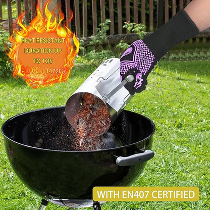 BBQ Fireproof Gloves, Grill Cut-Resistant Gloves 1472°F Heat Resistant Gloves, Non-Slip Silicone Oven Gloves, Kitchen Safe Cooking Gloves for Oven Mitts,Barbecue,Cooking, Frying,13.5 Inch-Purple