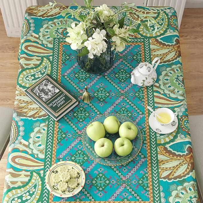 Linen Square Green Tablecloth,Wrinkle Resistant French Vintage Tablecloth Print with Foral,Decor Table Cloth for Thanksgiving,Dining Room,Home,Kitchen 55" × 55"-Milen