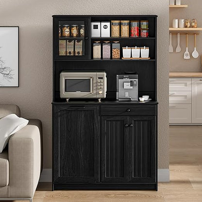 OLD CAPTAIN Tilt Out Trash Cabinet with Deodorising Function, Kitchen Hutch with Microwave Shelf and Drawer, Kitchen Pantry with Trash Cabinet for 10 Gallons, Black