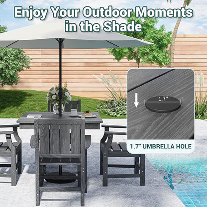 Pamapic 5 PCS Outdoor Dining Set, Spacious HDPE Outdoor Table and Chairs, Wood Grain Patio Furniture Sets with Elegant Armrest, All-Weather Patio Dining Table with Umbrella Hole, Gray