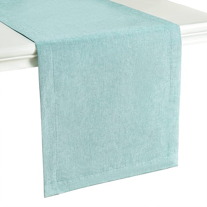 Mebakuk Linen Farmhouse Table Runner Large Burlap Style Soft and Waterproof Decorative Fabric Runner for Outdoor Wedding and Dinner (14 x 132 Inch, Turquoise Blue)