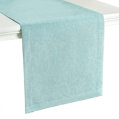 Mebakuk Linen Farmhouse Table Runner Large Burlap Style Soft and Waterproof Decorative Fabric Runner for Outdoor Wedding and Dinner (14 x 90 Inch, Turquoise Blue)