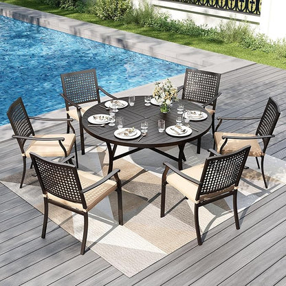 PHI VILLA Outdoor Round Dining Table for 6, 54" Large Metal Wrought Iron Table with Umbrella Hole, All Weather Furniture for Patio, Deck, Yard, Porch - Black