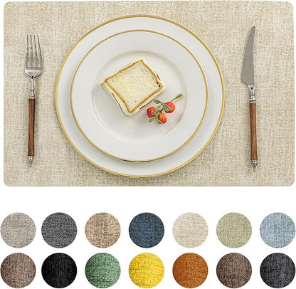 Romanstile Vinyl Placemats Set of 8-12 X 17 Inch - Heat Resistant Place Mats 100% Waterproof Oilproof Wipeable Reversible Faux Leather Table Mats for Kitchen, Dining, Party, Outdoor, Beige