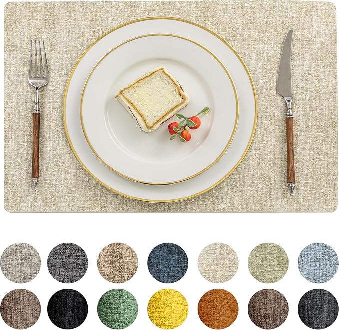 Romanstile Vinyl Placemats Set of 6-12 X 17 Inch - Heat Resistant Place Mats 100% Waterproof Oilproof Wipeable Reversible Faux Leather Table Mats for Kitchen, Dining, Party, Outdoor, Beige