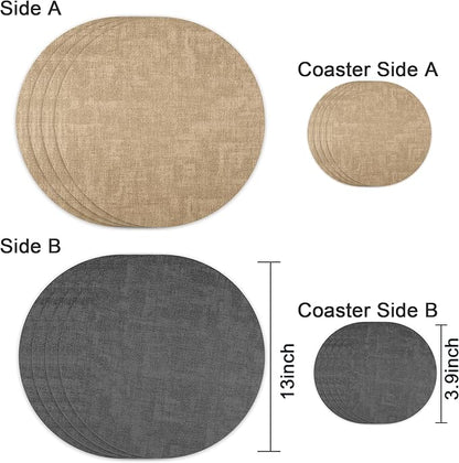 13-Inch Faux Leather Round Placemats Set of 4, Waterproof Anti-Slip Dual Sided Place mats, Heat Resistant Washable Table Mats with Coaster, Suitable for Indoor & Outdoor (4, Black Light Coffee)