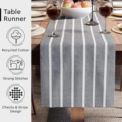 Encasa XO Cotton Dining Table Runner | Roma Grey Stripes | Size 13x72 in - Machine Washable & Durable