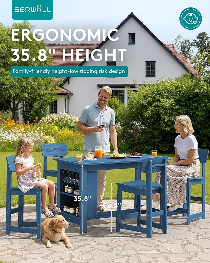 SERWALL Outdoor Bar Table and Chairs Set, 3-Piece HDPE Counter Height Patio Dining Sets with Storage and Wine Rack, Rectangular High Top Bar Table with 2 Bar Stools for Garden, Backyard, Blue
