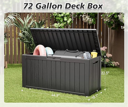 NUNU LAB 75 Gallon Outdoor Storage Box,Deck Box Resin Large Sturdy, Backyard Outside Storage Box Waterproof with Double Wall Panels,Package Delivery Box,Garden Outdoor Hose Storage Bin