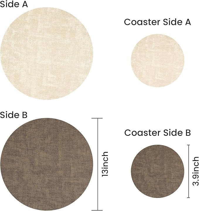13-Inch Faux Leather Round Placemats Set of 8, Waterproof Anti-Slip Dual Sided Place mats, Heat Resistant Washable Table Mats with Coaster, Suitable for Indoor & Outdoor (8, Beige Dark Coffee)