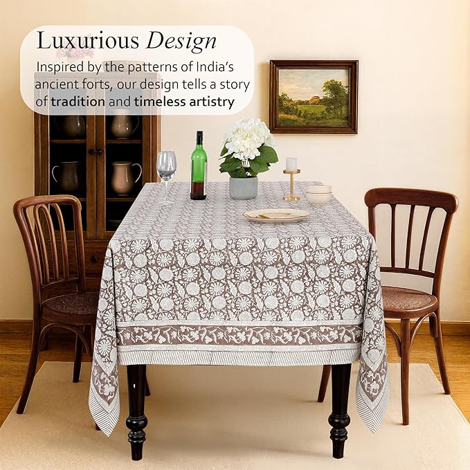 CPC Rustic Brown Tablecloth 100% Cotton 70x108 Inch Indian Block Print Rectangle Table Cover, Table Cloth for Gifting in Weddings, Halloween, Fall, Christmas, Thanksgiving