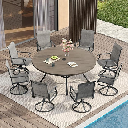 VICLLAX 60" Outdoor Round Patio Table for Lawn Garden, All Weather Metal Round Patio Dining Table with Adjustable Umbrella Hole, Outdoor Table for 8-10 Person, Grey Wood-Like Tabletop