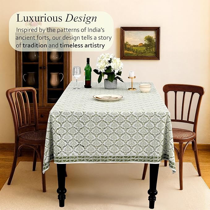 CPC Fern Regal Tablecloth 100% Cotton 70x108 Inch Indian Block Print Rectangle Table Cover, Table Cloth for Gifting in Weddings, Halloween, Fall, Christmas, Thanksgiving