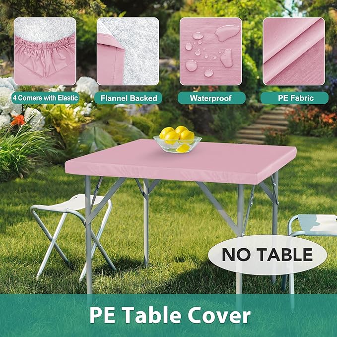 LUSHVIDA 2 Packs Vinyl Card Tablecloth with Flannel Backing 34x34 inch - Waterproof Plastic Picnic Table Cover for Square Folding Table Cloth with Elastic Corners, Pink
