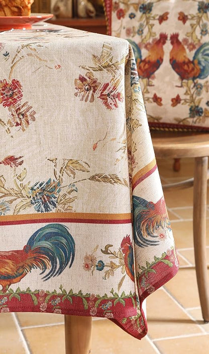 patdrea Designer Linen Red Long Rectangle Tablecloth,Vintage French Animals Pattern Tablecloths,Decoration Floral Table Cover for Kitchen Dining Christmas,Party,Thanksgiving,63"x94"-Townlife E