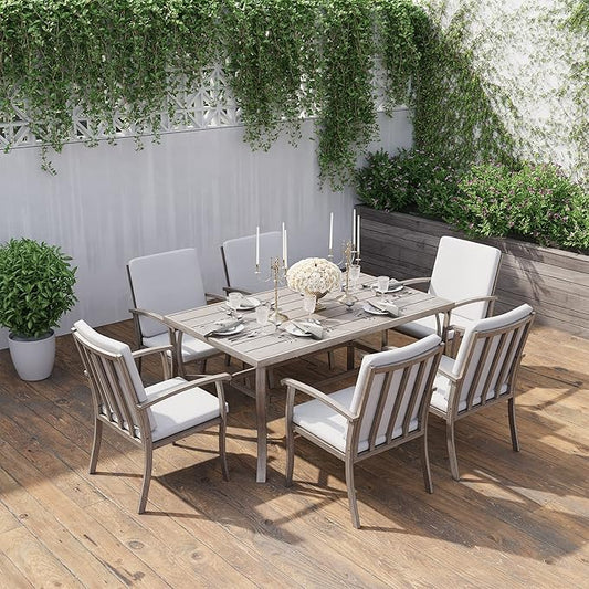 HAPPATIO 7 Piece Patio Dining Set, Aluminum Outdoor Dining Set for 6, Aluminum Dining Table and Chairs Set, Patio Furniture with Table, Chairs and Washable Cushions (Gray)