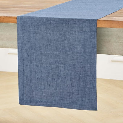 Solino Home Linen Table Runner 120 Inches Long - Athena, 100% Pure Linen Blue Denim Dining Table Runner 14 x 120 Inch for Winter, Spring, Easter