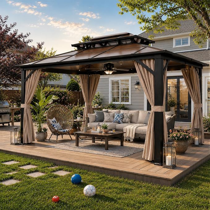10'x13' Hardtop Gazebo, Outdoor Polycarbonate Double Roof Canopy, Aluminum by YOLENY