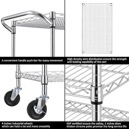 Finnhomy 3 Tier Heavy Duty Commercial Grade Utility Cart, Wire Rolling Cart with Pushing Handle Bar, Steel Metal Kitchen Service Trolly with Wheels, Shelf Size 18" D x 36" W, NSF, Chrome