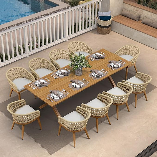 PURPLE LEAF 11 Pieces Outdoor Dining Set All-Weather PE Rattan Outdoor Patio Furniture Set with All Aluminum Frame Rectangular Table and Chairs Set for Lawn Garden Backyard Deck, Teak