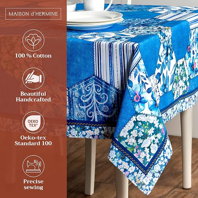 Maison d' Hermine Table Cloth Square Table 100% Cotton 54 x 54 Inches Tablecloth Reusable Decorative Everyday Use for Dining Room, Farmhouse, Home Party, Festive & Wedding Spring Summer - Summer Blues