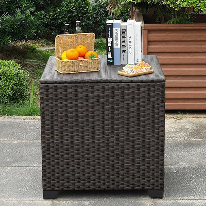 Rattaner 80 Gallon Wicker Outdoor Storage Box Square Patio Storage Bin with Waterproof Lining Bag Deck Storage Box and Cushion Storage Bin Outdoor, Brown Wicker
