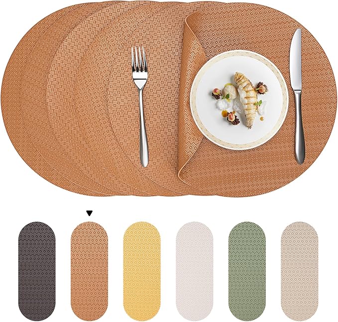 Round Faux Leather Placemats Set of 4 – 13 Inch Vinyl Table Mats, Heat Resistant, Non Slip, Wipeable & Washable, Easy to Clean Dining Table Decor for Kitchen & Dining Room – Cinnamon Brown