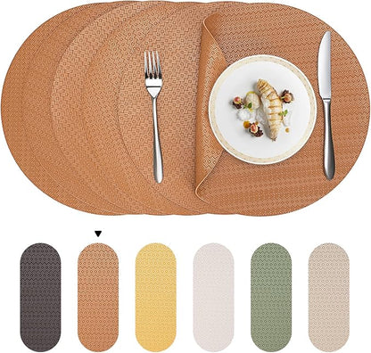Round Faux Leather Placemats Set of 6 – 13 Inch Vinyl Mats, Heat Resistant, Non Slip, Wipeable & Washable, Easy to Clean Dining Table Decor for Kitchen & Holiday Gatherings – Cinnamon Brown